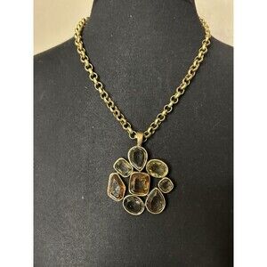 Chico's Gold Tone Faceted Gem Stones  Medallion Pendant Statement Necklace